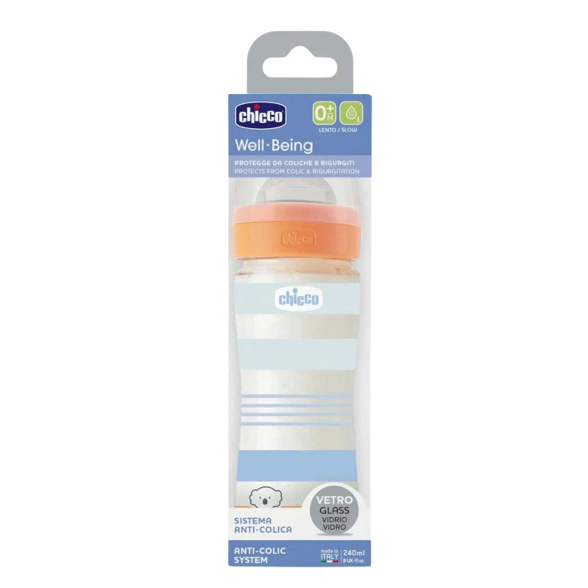 Φωτογραφία προϊόντος: Chicco,Chicco Μπιμπερό Γυάλινα Chicco Well Being Anti-Colic Γυάλινο Μπιμπερό Μπλε 0m+ 240ml