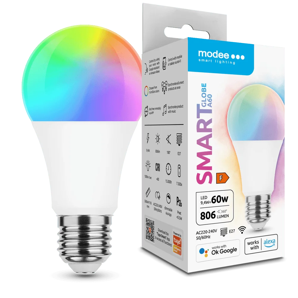 Φωτογραφία προϊόντος: Modee Lighting Modee LED Smart Σφαιρική Λάμπα A60 9,4W E27 180° RGB 806lm με Tuya Wi-Fi