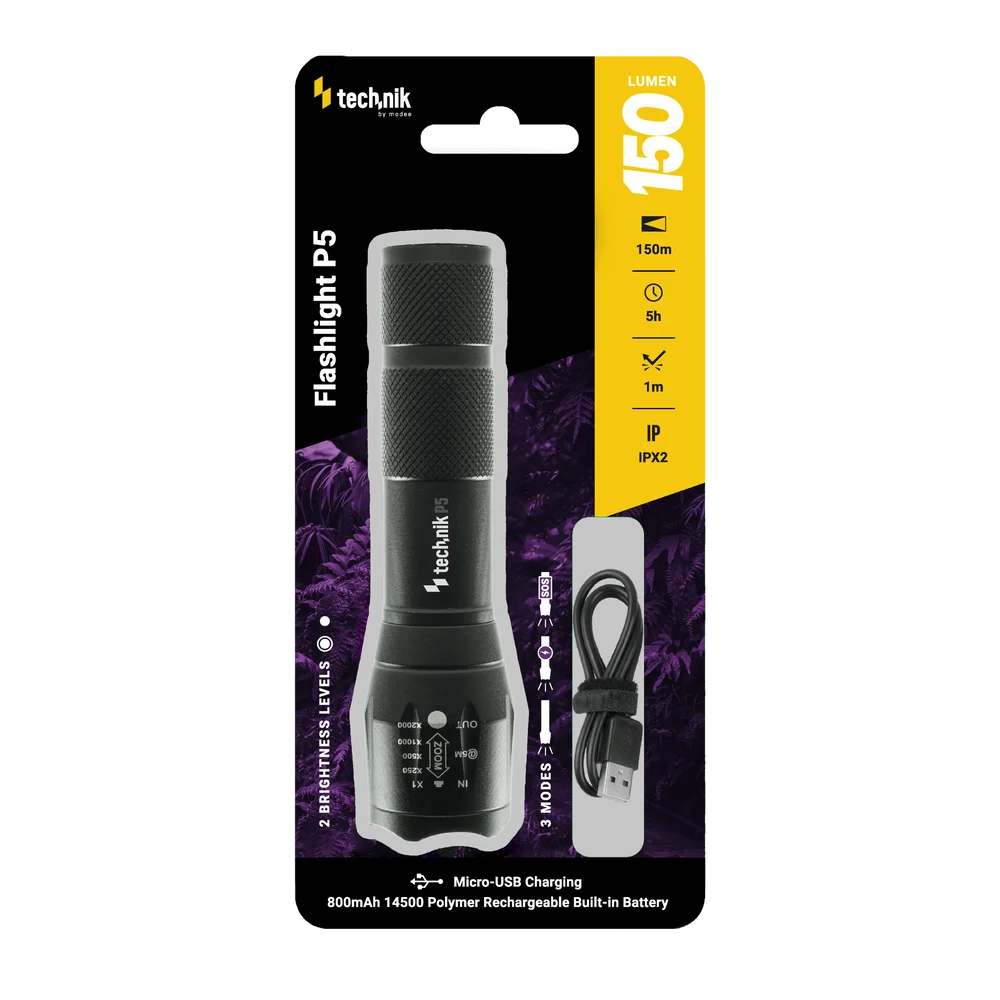 Φωτογραφία προϊόντος: Technik Φακός P5 (+1x14500 800mAh) XPE LED με Καλώδιο Micro USB 150lm