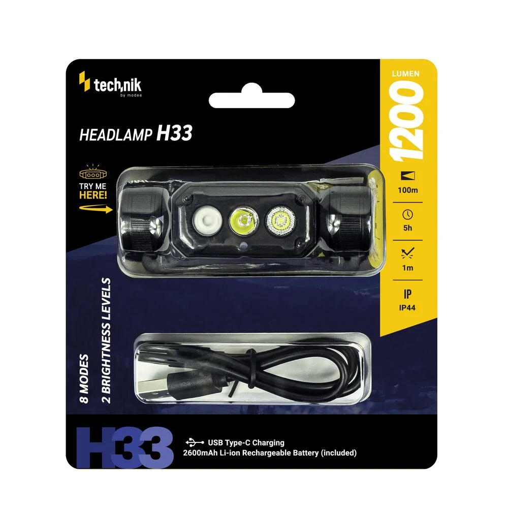 Φωτογραφία προϊόντος: Technik Φακός Κεφαλής H33 SST20 LED Επαναφορτιζόμενος USB-C με Ενσωματωμένη Μπαταρία 1200lm