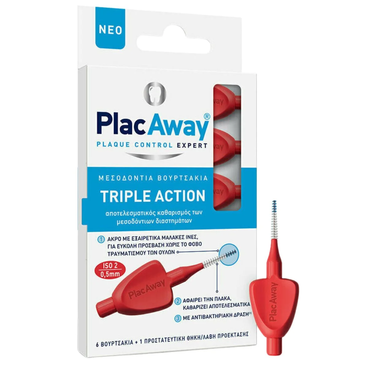 Φωτογραφία προϊόντος: Plac Away,Plac Away Interdental Brushes / Flossing PlacAway Triple Action Μεσοδόντια Βουρτσάκια 0.5mm Κόκκινα 6τμχ