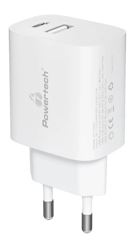 Φωτογραφία προϊόντος: POWERTECH φορτιστής τοίχου PT-1040, USB & USB-C, PD QC3.0, 20W, λευκός