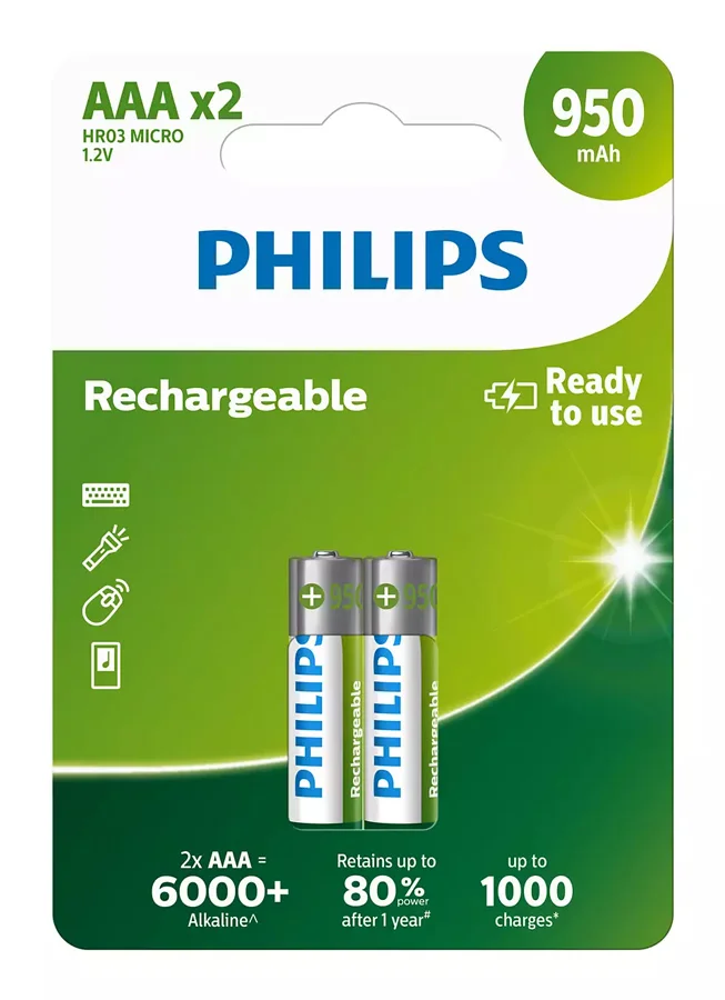 Φωτογραφία προϊόντος: PHILIPS επαναφορτιζόμενη μπαταρία R03B2A95, 950mAh, AAA HR03 Micro, 2τμχ