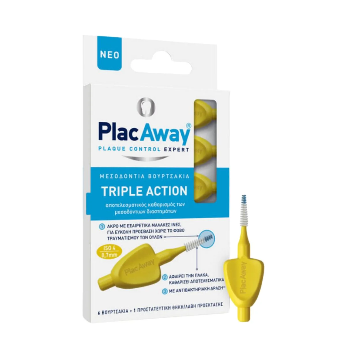 Φωτογραφία προϊόντος: Plac Away,Plac Away Interdental Brushes / Flossing PlacAway Triple Action Μεσοδόντια Βουρτσάκια 0.7mm Κίτρινα 6τμχ