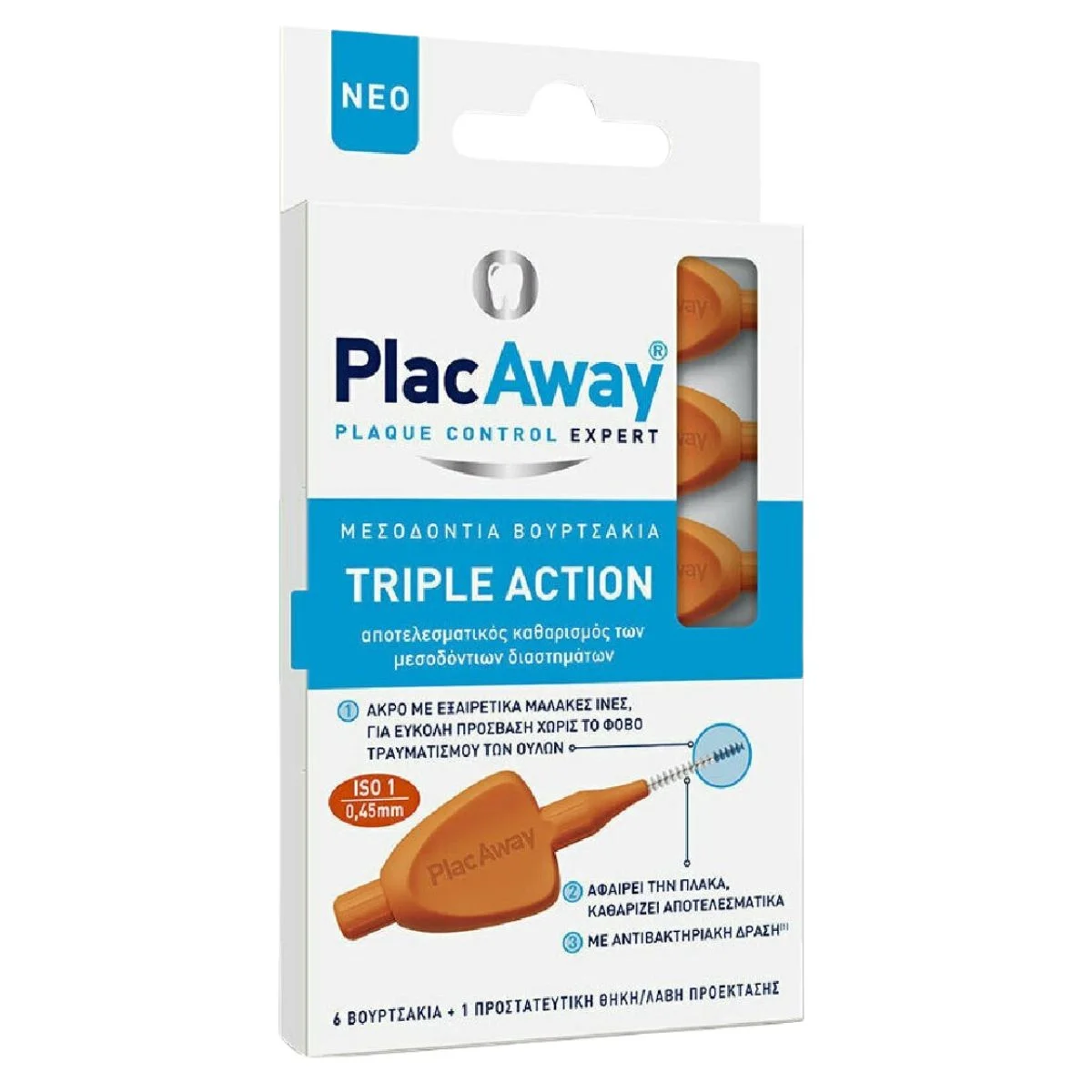 Φωτογραφία προϊόντος: Plac Away,Plac Away Interdental Brushes / Flossing PlacAway Triple Action Μεσοδόντια Βουρτσάκια 0.45mm Πορτοκαλί 6τμχ