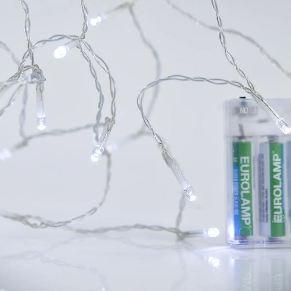 Φωτογραφία προϊόντος: Eurolamp 20 LED Με Προέκταση 50cm Διάφανο Καλώδιο Λευκό Φως Μπαταρίας IP20