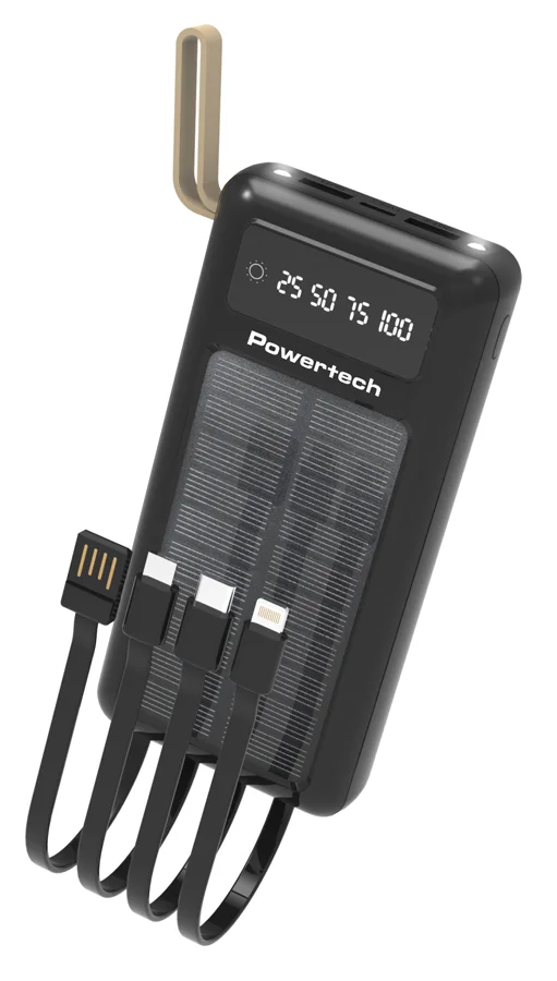 Φωτογραφία προϊόντος: POWERTECH ηλιακό power bank PT-1084 με καλώδια & οθόνη, 20000mAh, μαύρο