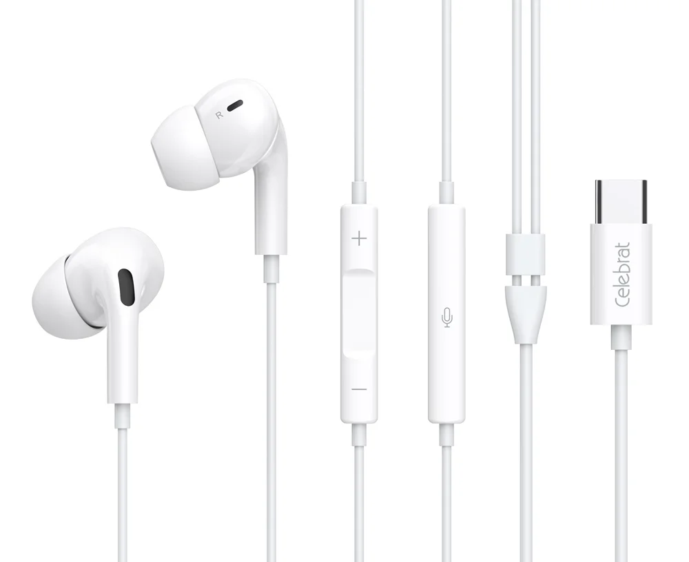 Φωτογραφία προϊόντος: CELEBRAT earphones με μικρόφωνο E300, USB-C σύνδεση, Φ10mm, 1.2m, λευκά
