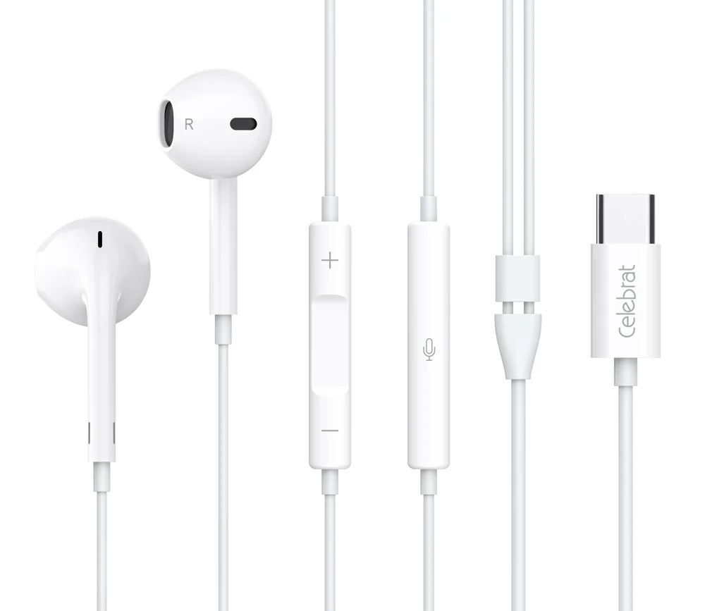 Φωτογραφία προϊόντος: CELEBRAT earphones με μικρόφωνο E500, USB-C σύνδεση, Φ14mm, 1.2m, λευκά