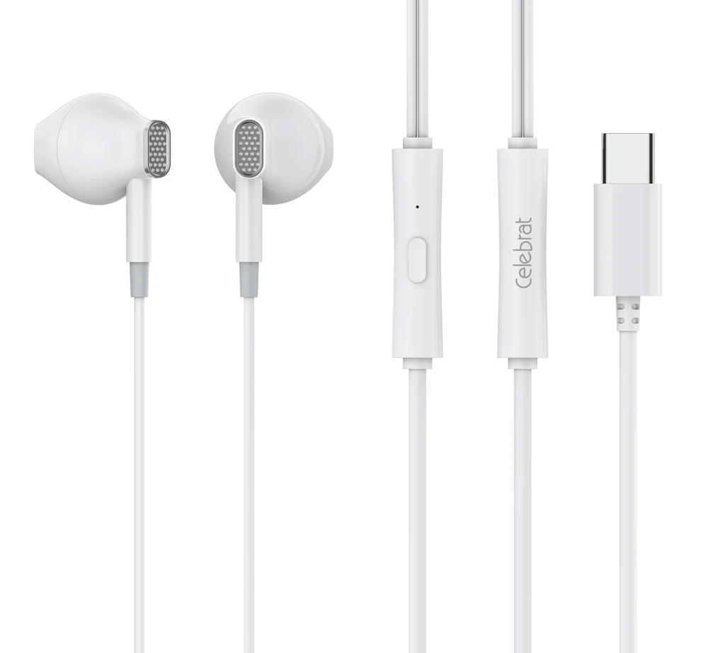Φωτογραφία προϊόντος: CELEBRAT earphones με μικρόφωνο D12, USB-C σύνδεση, Φ14.2mm, 1.2m, λευκά