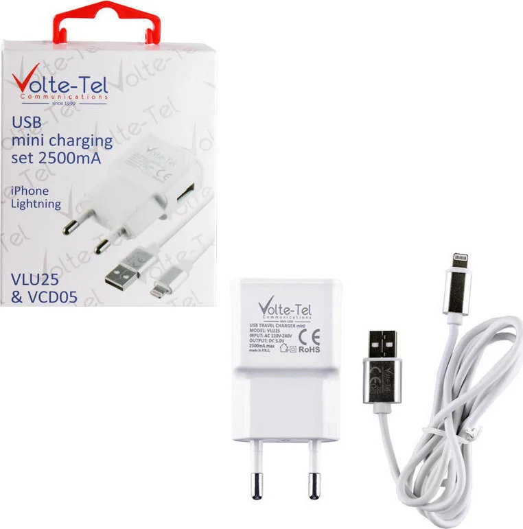 Φωτογραφία προϊόντος: OEM Volte-Tel Φορτιστής με Θύρα USB-A και Καλώδιο Lightning Λευκός (VCD05+VLU25)