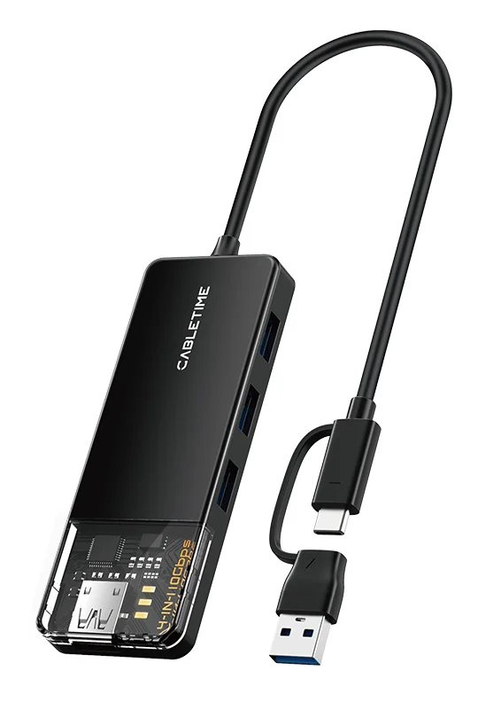 Φωτογραφία προϊόντος: CABLETIME USB hub CT-HUBT5-PB, 4x θυρών, 10Gbps, USB/USB-C σύνδεση, μαύρο