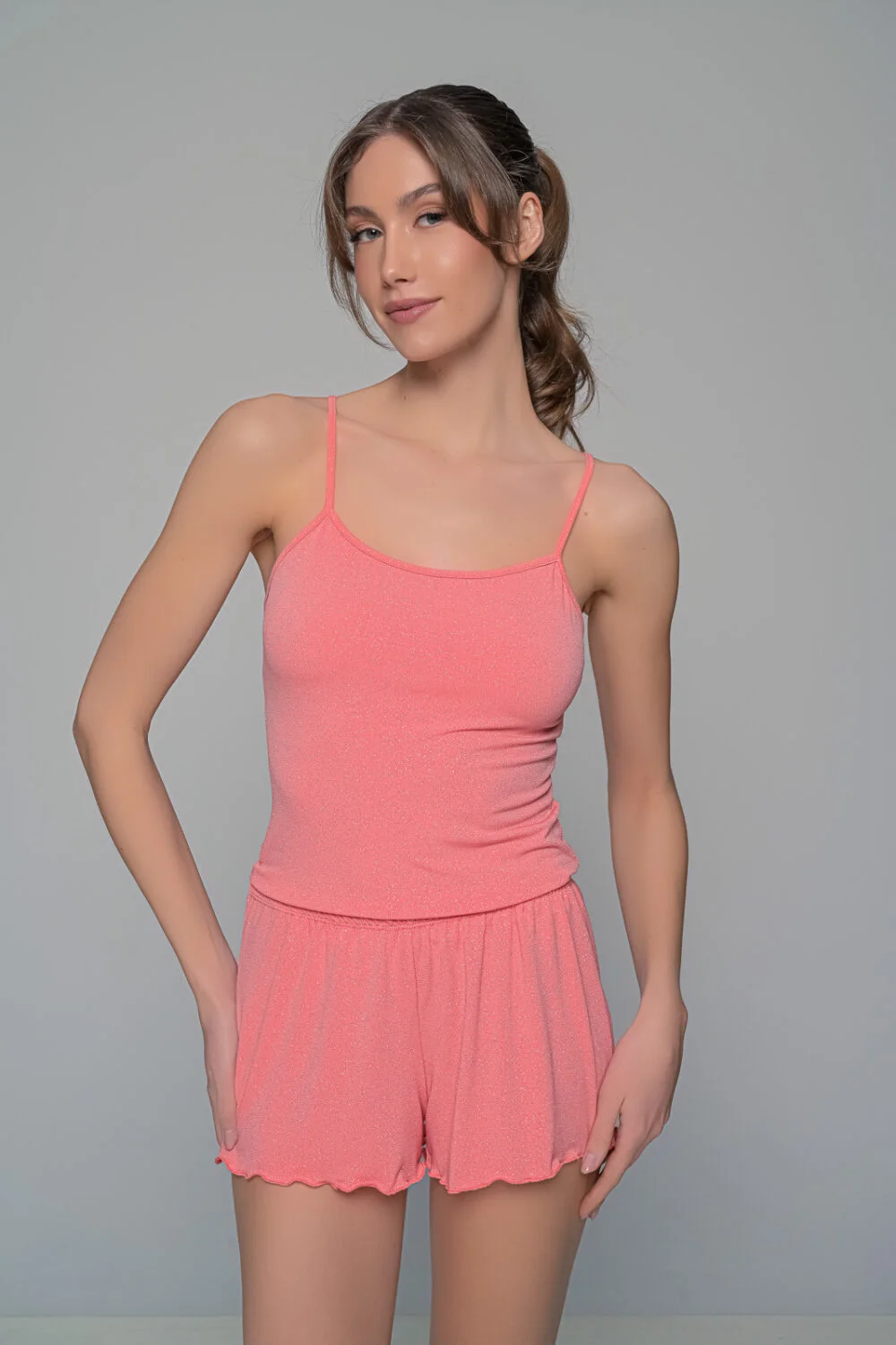 Φωτογραφία προϊόντος: Milena By Paris Σετ Τιραντάκι με Σορτς Ιριδίζουσα Λύκρα - Κοραλί
