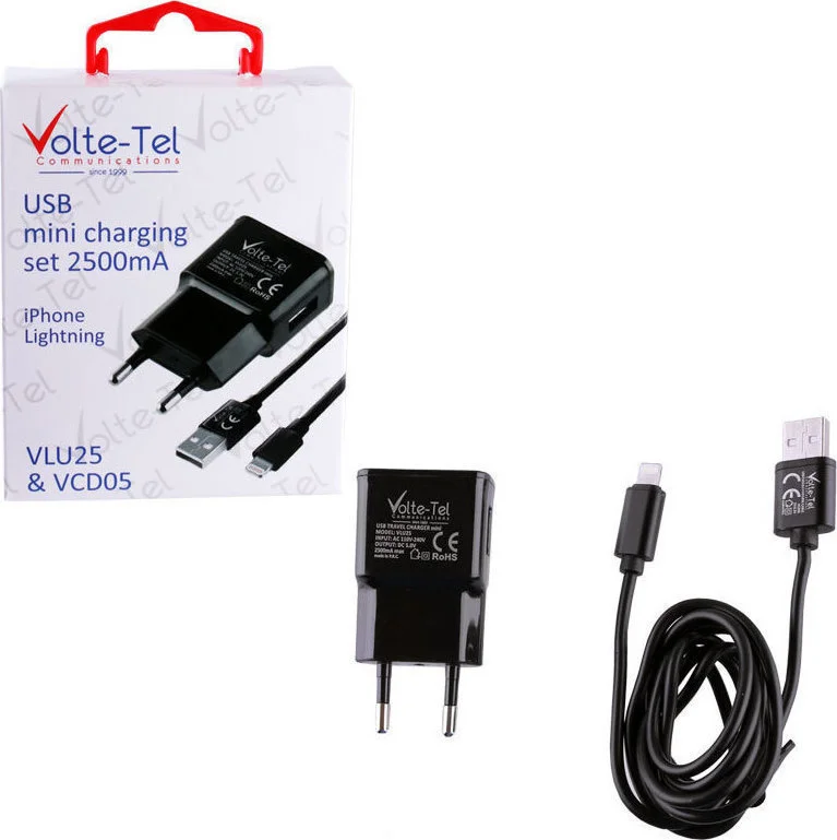 Φωτογραφία προϊόντος: OEM Volte-Tel Φορτιστής με Θύρα USB-A και Καλώδιο Lightning Μαύρος (VCD05+VLU25)