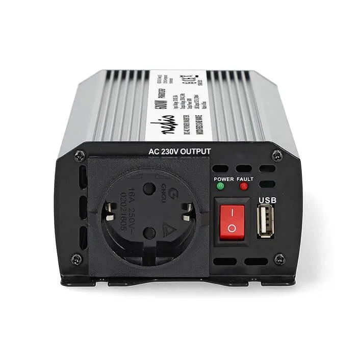 Φωτογραφία προϊόντος: NEDIS Inverter 600W/12V, με έξοδο ημιτονικής κυματομορφής που μετατρέπει την τάση από μπαταρίες 12VDC σε 230VAC.