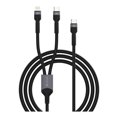 Φωτογραφία προϊόντος: Καλώδιο Σύνδεσης USB 2.0 2 σε 1 Braided Devia EC648 USB C σε USB C & Lightning PD 60W & 12W 1.2m Extreme Μαύρο N68607