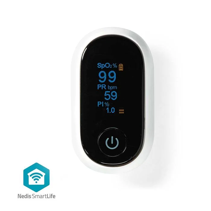 Φωτογραφία προϊόντος: NEDIS Bluetooth smart παλμικό οξύμετρο με οθόνη OLED, σε λευκό χρώμα.