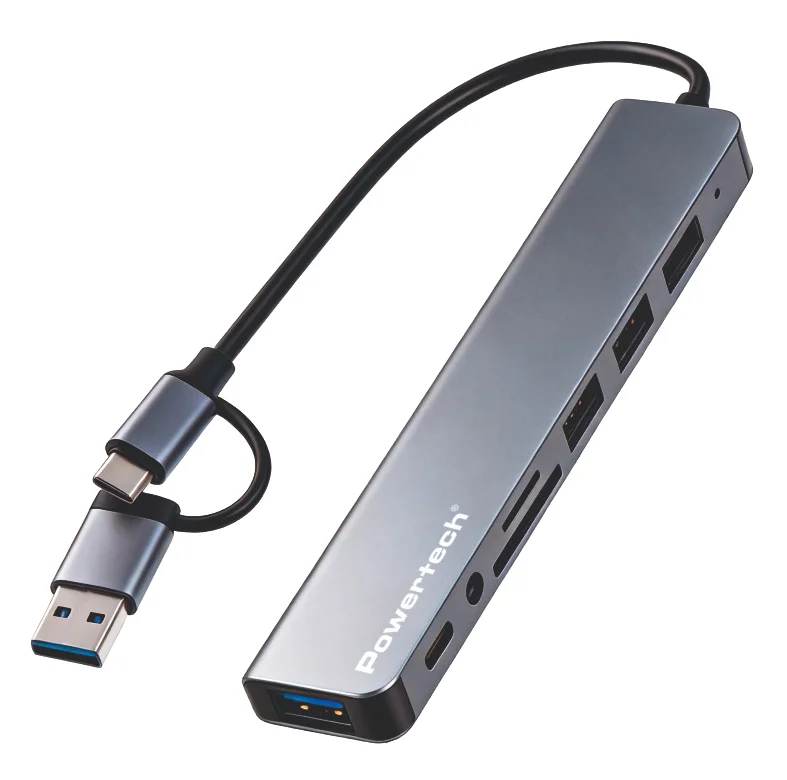 Φωτογραφία προϊόντος: POWERTECH USB hub PTR-0205 με card reader, 8 θυρών, USB & USB-C σύνδεση, γκρι
