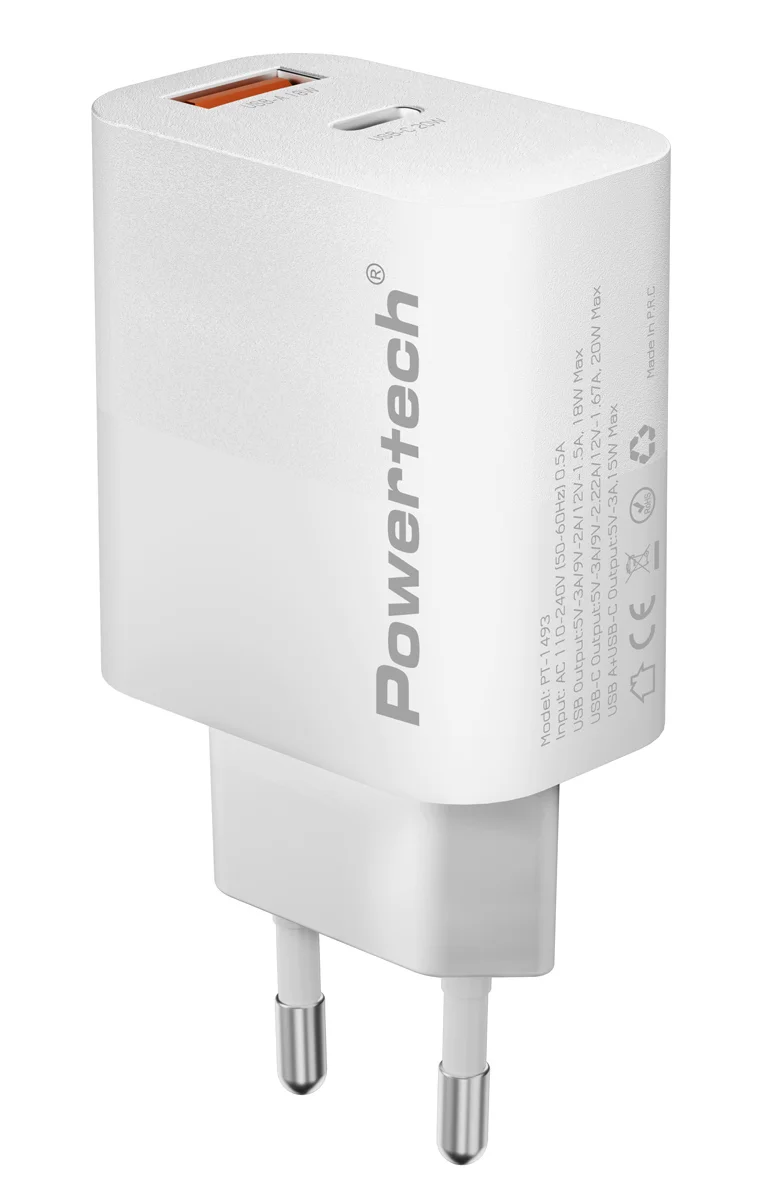 Φωτογραφία προϊόντος: POWERTECH φορτιστής τοίχου PT-1493, USB/USB-C, 20W, λευκός