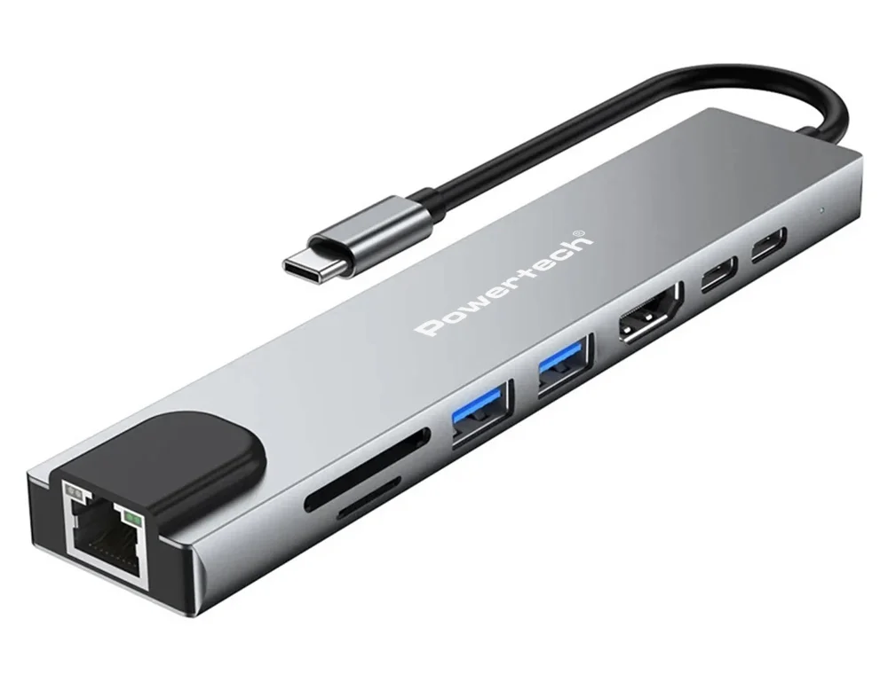 Φωτογραφία προϊόντος: POWERTECH docking station PT-1536, 8 θυρών, USB-C σύνδεση, 87W PD, 100Mbps, γκρι