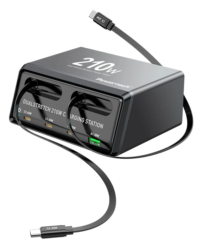 Φωτογραφία προϊόντος: POWERTECH σταθμός φόρτισης PT-1623, USB/3x USB-C/2x USB-C καλώδια, GaN, 160W, μαύρος