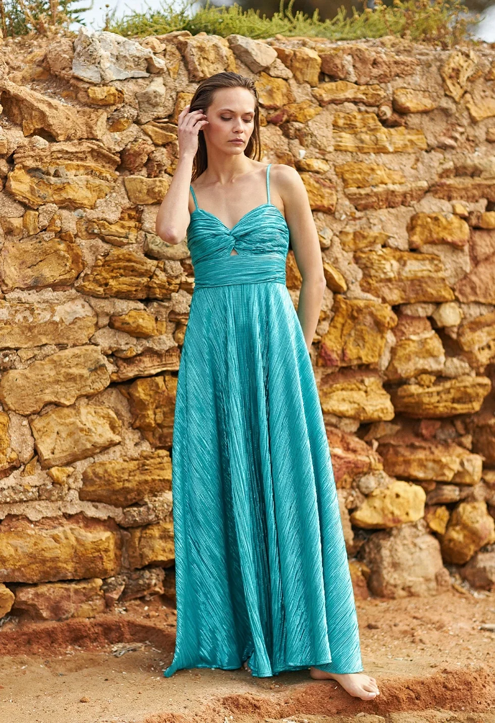 Φωτογραφία προϊόντος: Desiree 08.38179 μώβ μακρύ μάξι φόρεμα μεταλλιζέ με κόμπο