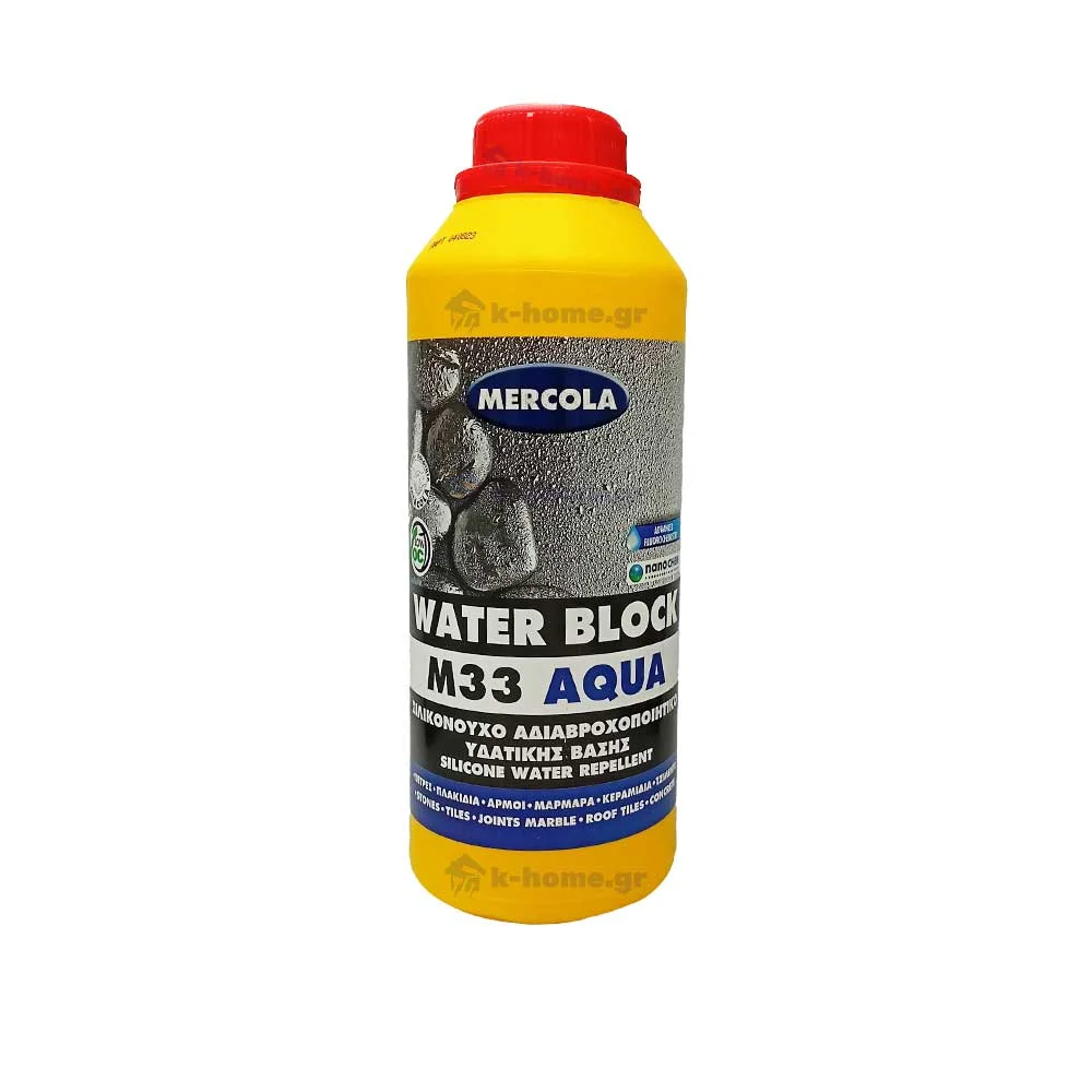 Φωτογραφία προϊόντος: Mercola WATER BLOCK Aqua M33 Διαφανές Σιλικονούχο Αδιαβροχοποιητικό Νερού για πέτρες, μάρμαρα, τσιμέντο, πλακίδια 1 lt