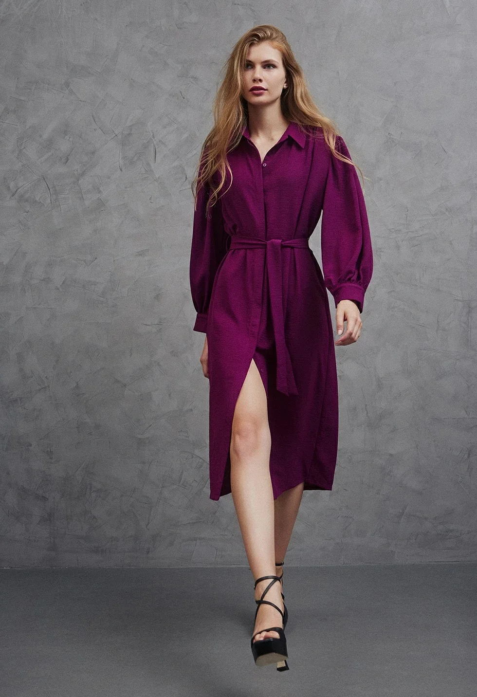 Φωτογραφία προϊόντος: Desiree 08.39081 magenta midi chemisier dress, μακρυμάνικο με ζώνη