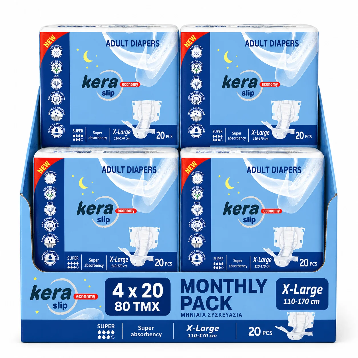 Φωτογραφία προϊόντος: Πανες ακρατειας Kera Slip Xlarge Super Monthly pack 80 τεμαχιων – συνδρομητικο πακετο καθε μηνα