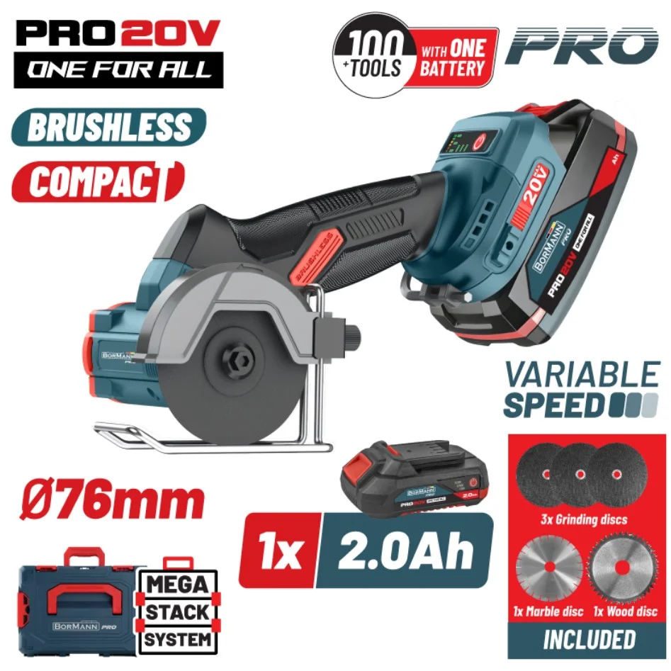 Φωτογραφία προϊόντος: Γωνιακός Τροχός Mini Brushless Ρυθμιζόμενος 20V BORMANN Pro BBP5418X2CA Li-Ion Με 1 Μπαταρία 2 Ah