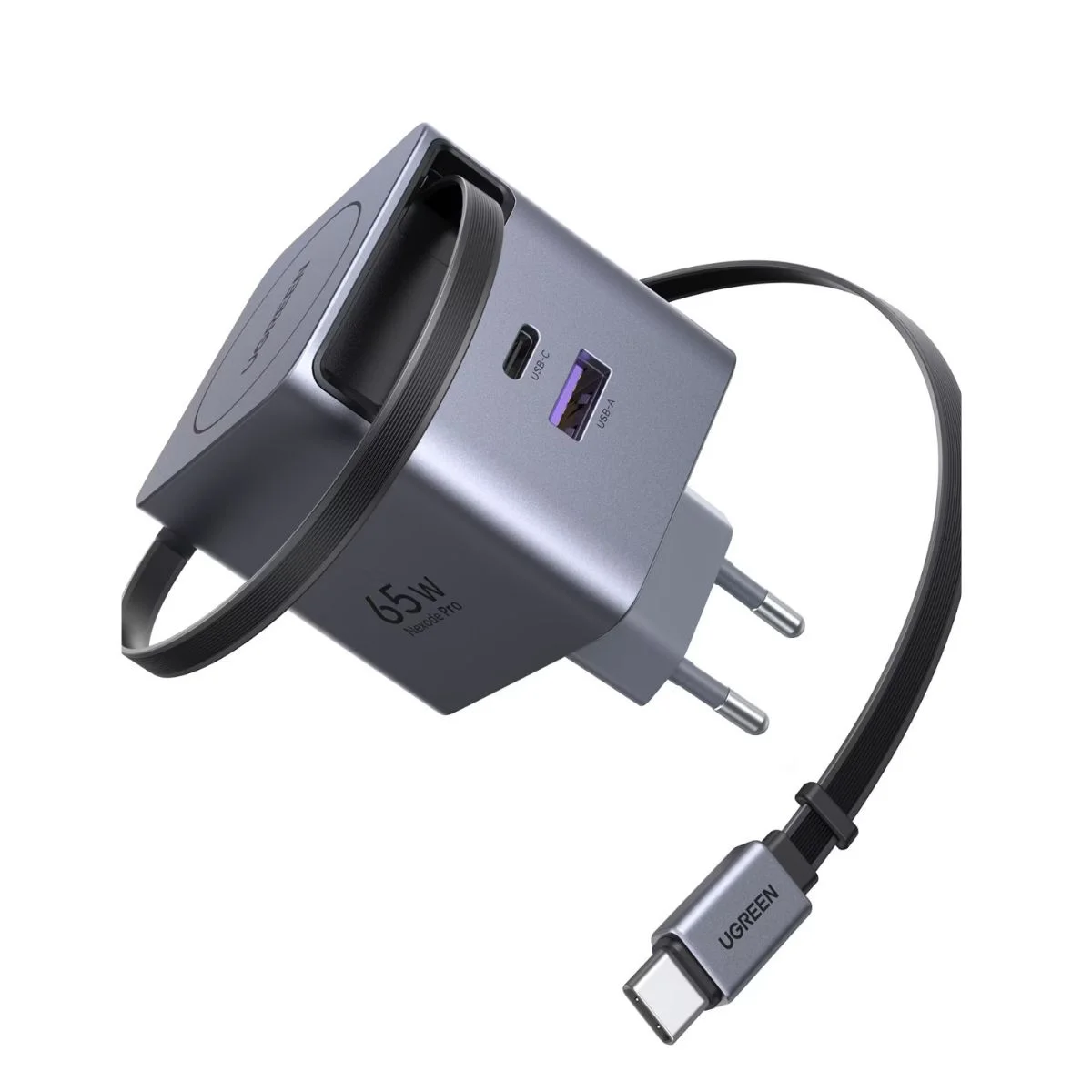 Φωτογραφία προϊόντος: Ugreen Φορτιστής GaN 1xUSB-A 1xUSB-C με Ενσωματωμένο Καλώδιο USB-C 65W Power Delivery Γκρι X615 / 65825