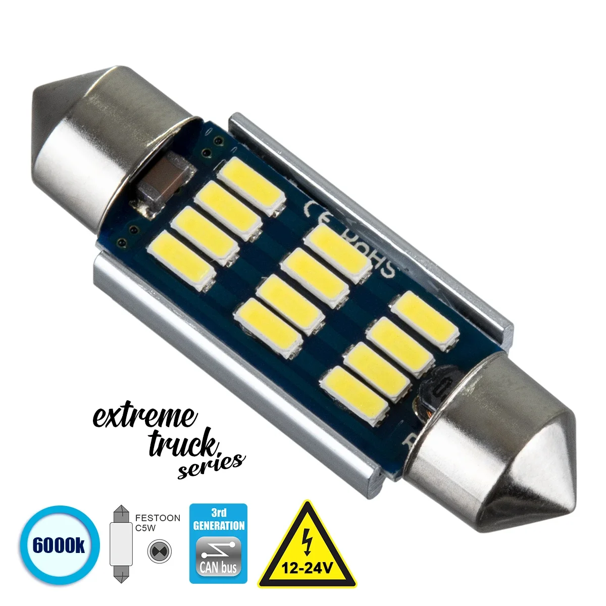 Φωτογραφία προϊόντος: GloboStar® 81330 Λάμπα Αυτοκινήτου & Φορτηγού 39mm FESTOON - C5W 3rd Generation Can-Bus Extreme Truck Series LED 12 SMD 4014 3.6W 540lm 120° DC 12-24V IP20 Ψυχρό Λευκό 6000K