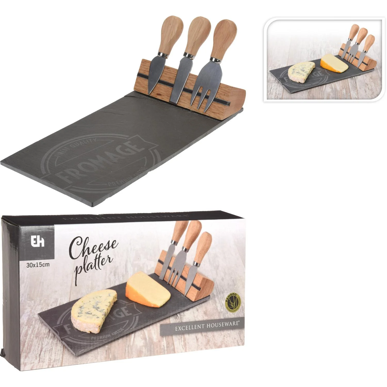 Φωτογραφία προϊόντος: ArteLibre Δίσκος Σερβιρίσματος Αλλαντικών/Τυριών Με 3 Μαχαίρια Και Ξύλινη Λαβή 30x15cm