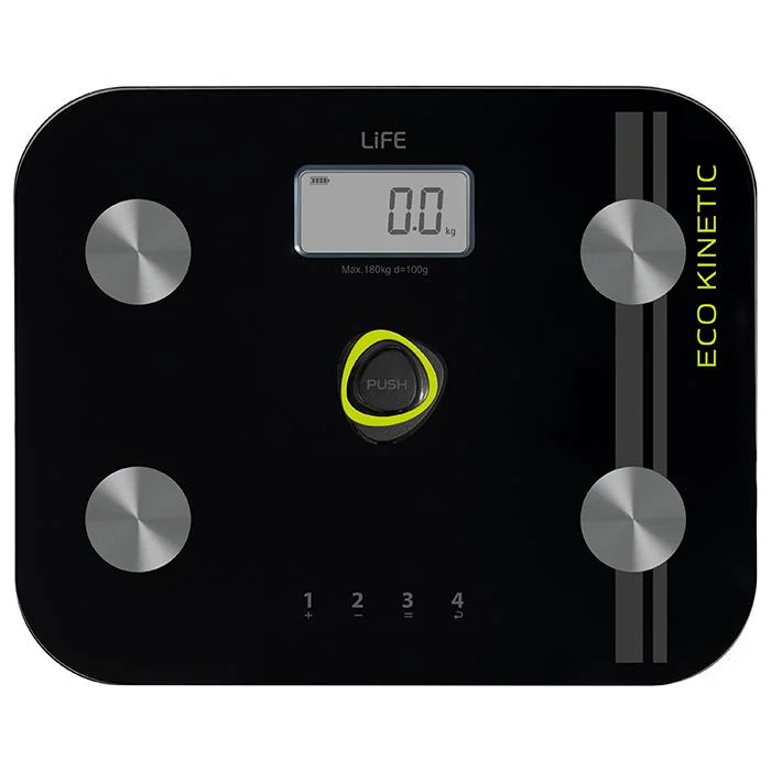 Φωτογραφία προϊόντος: LIFE Battery-free γυάλινη ψηφιακή ζυγαριά μπάνιου με λιπομέτρηση, 6 σε 1.