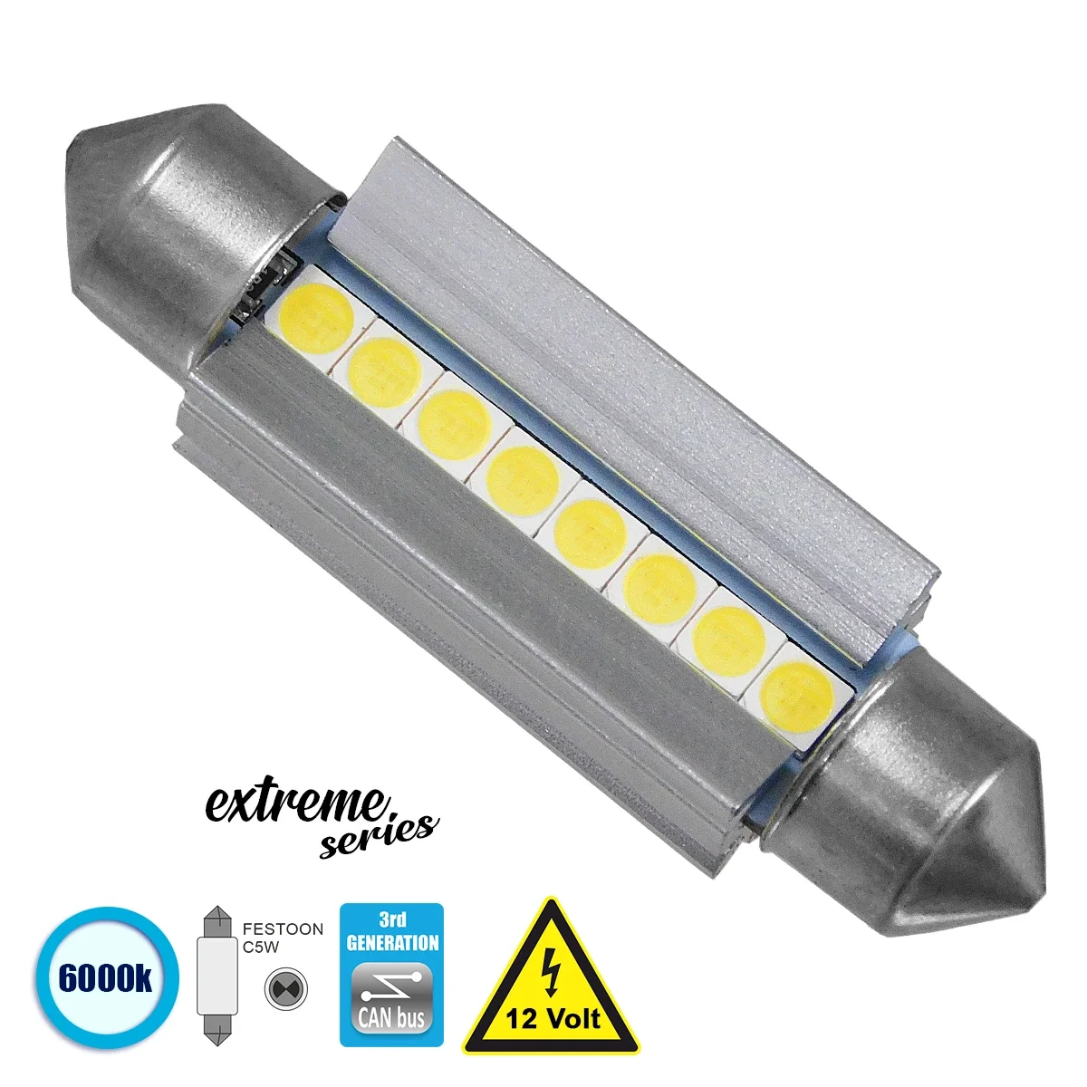 Φωτογραφία προϊόντος: GloboStar® 81340 Λάμπα Αυτοκινήτου 42mm FESTOON - C5W 3rd Generation Can-Bus Extreme Series LED 8 SMD 3030 8W 1200lm 120° DC 12V IP20 Ψυχρό Λευκό 6000K