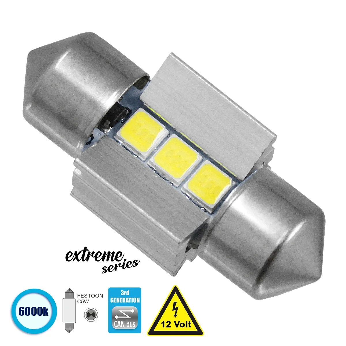 Φωτογραφία προϊόντος: GloboStar® 81336 Λάμπα Αυτοκινήτου 28mm FESTOON - C5W 3rd Generation Can-Bus Extreme Series LED 3 SMD 3030 3W 450lm 120° DC 12V IP20 Ψυχρό Λευκό 6000K