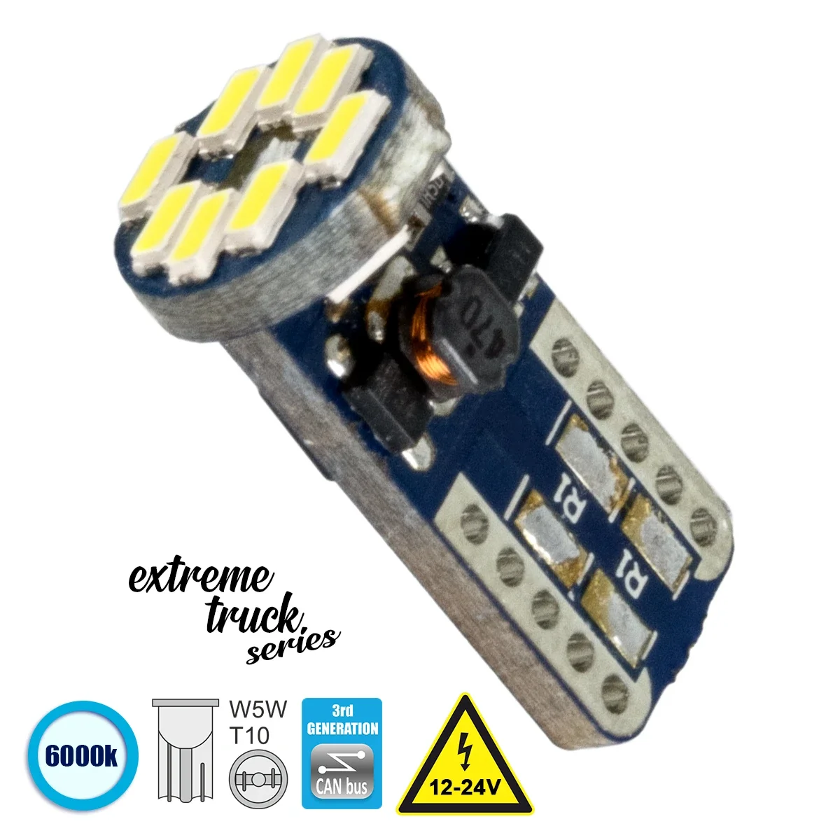 Φωτογραφία προϊόντος: GloboStar® 81104 Λάμπα Αυτοκίνητου T10 W5W 3rd Gen CanBus Extreme Truck Series LED 12 SMD 3014 3.2W 480lm 360° DC 12-24V IP20 6000K