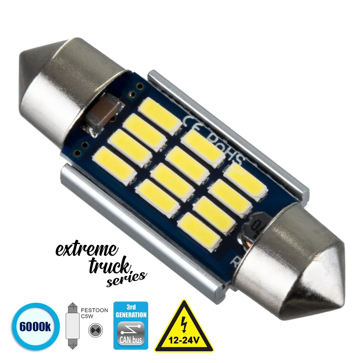 Φωτογραφία προϊόντος: GloboStar® 81329 Λάμπα Αυτοκινήτου & Φορτηγού 36mm FESTOON - C5W 3rd Generation Can-Bus Extreme Truck Series LED 12 SMD 4014 3.6W 540lm 120° DC 12-24V IP20 Ψυχρό Λευκό 6000K