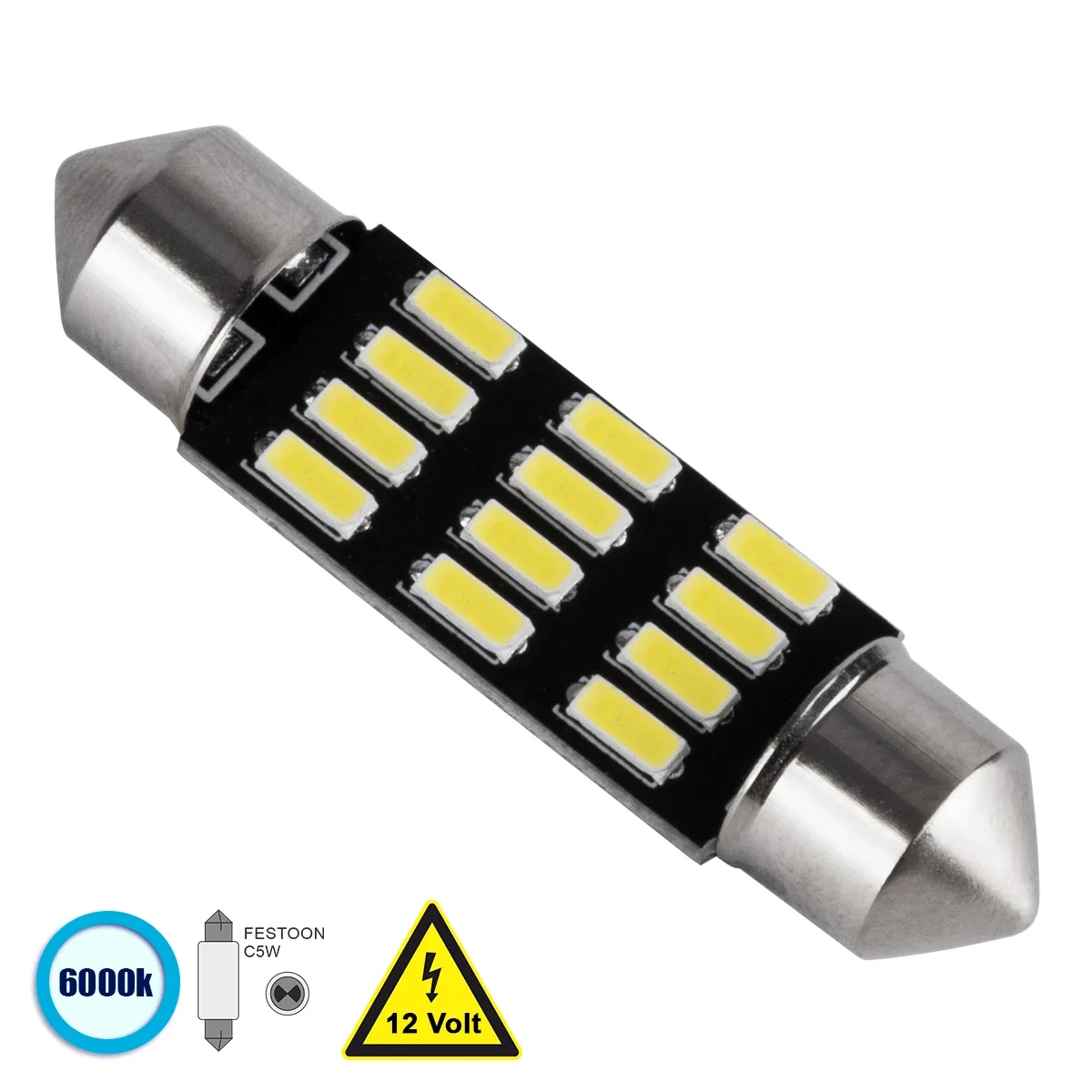 Φωτογραφία προϊόντος: GloboStar® 81303 Λάμπα Αυτοκίνητου 39mm FESTOON - C5W LED 12 SMD 5630 6W 900lm 120° DC 12V IP20 Ψυχρό Λευκό 6000K