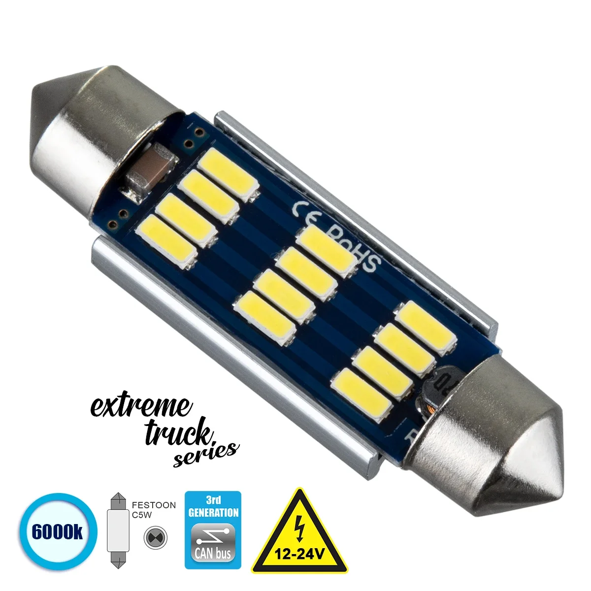 Φωτογραφία προϊόντος: GloboStar® 81331 Λάμπα Αυτοκινήτου & Φορτηγού 42mm FESTOON - C5W 3rd Generation Can-Bus Extreme Truck Series LED 12 SMD 4014 3.6W 540lm 120° DC 12-24V IP20 Ψυχρό Λευκό 6000K