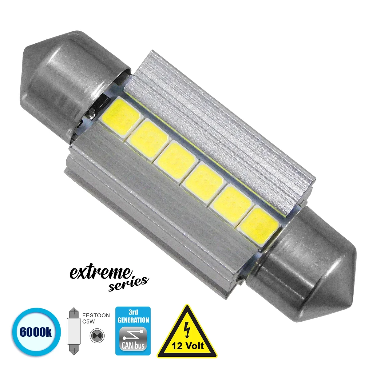 Φωτογραφία προϊόντος: GloboStar® 81338 Λάμπα Αυτοκινήτου 36mm FESTOON - C5W 3rd Generation Can-Bus Extreme Series LED 6 SMD 3030 6W 900lm 120° DC 12V IP20 Ψυχρό Λευκό 6000K