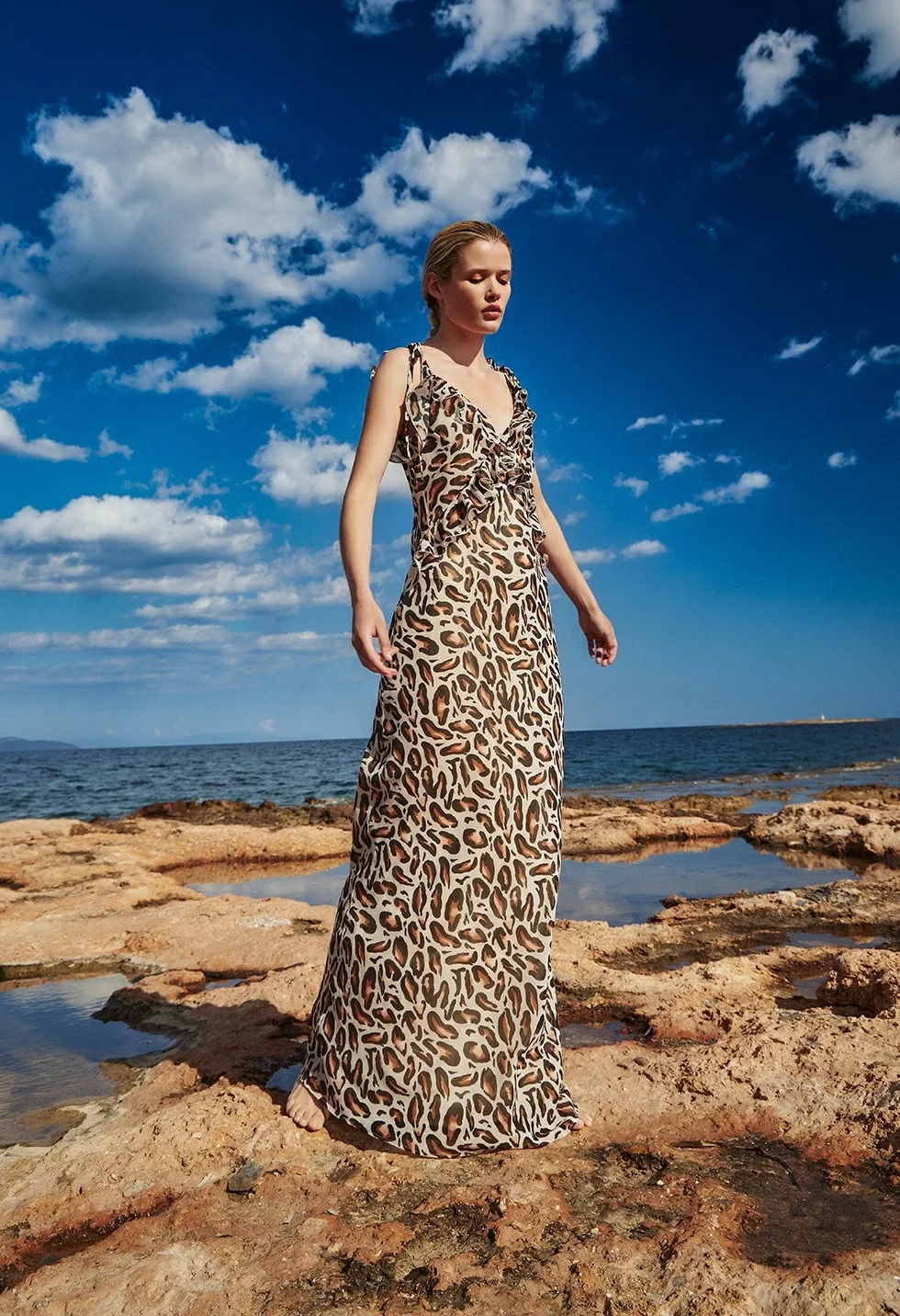 Φωτογραφία προϊόντος: DESIREE 08.38128 animal print maxi φόρεμα με βολάν και τιράντες