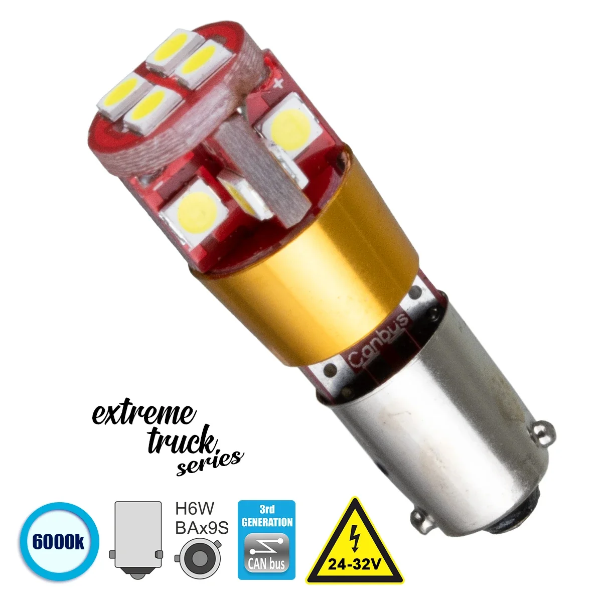 Φωτογραφία προϊόντος: GloboStar® 81298 Λάμπα Φορτηγού BAx9S - H6W 3rd Generation Can-Bus Extreme Truck Series LED 12 SMD 3030 6W 900lm 360° DC 24-32V IP20 Ψυχρό Λευκό 6000K