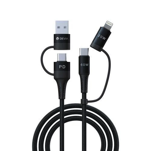Φωτογραφία προϊόντος: Καλώδιο Σύνδεσης USB 2.0 4 σε 1 Braided Devia EC504 USB C σε USB A & USB C & Lightning PD 60W & 27W 1.5m Extreme Μαύρο N66997