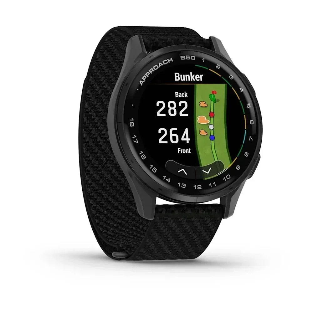 Φωτογραφία προϊόντος: GR Garmin Approach S50 Slate Aluminum Bezel with Black ComfortFit Nylon Band έως 12 άτοκες δόσεις ή 24 δόσεις