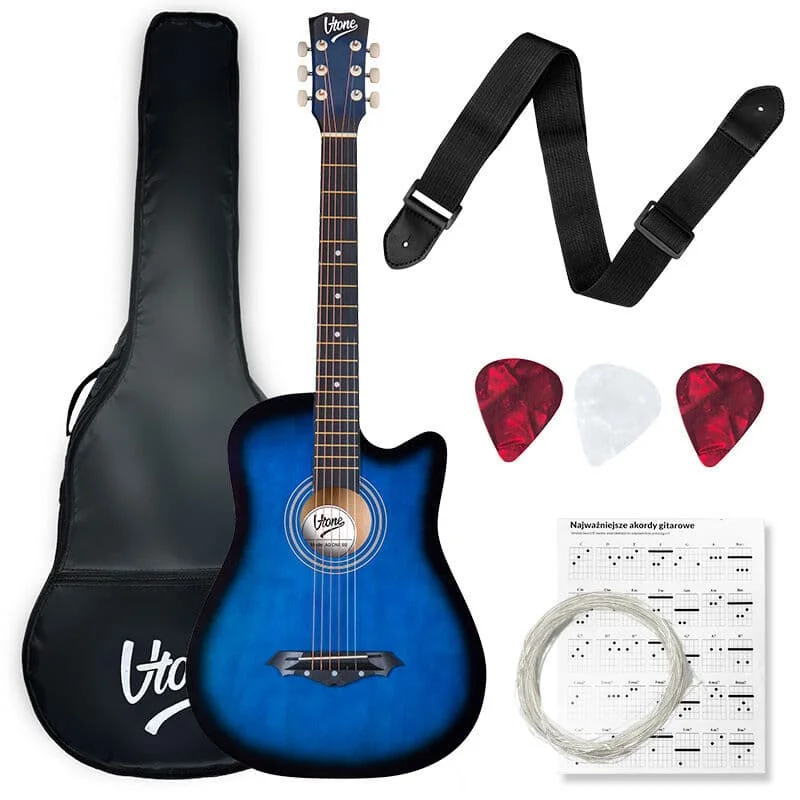 Φωτογραφία προϊόντος: V-TONE AG ONE BB acoustic guitar 4/4 blueburst to learn for beginners picks strap spare strings cover chords set