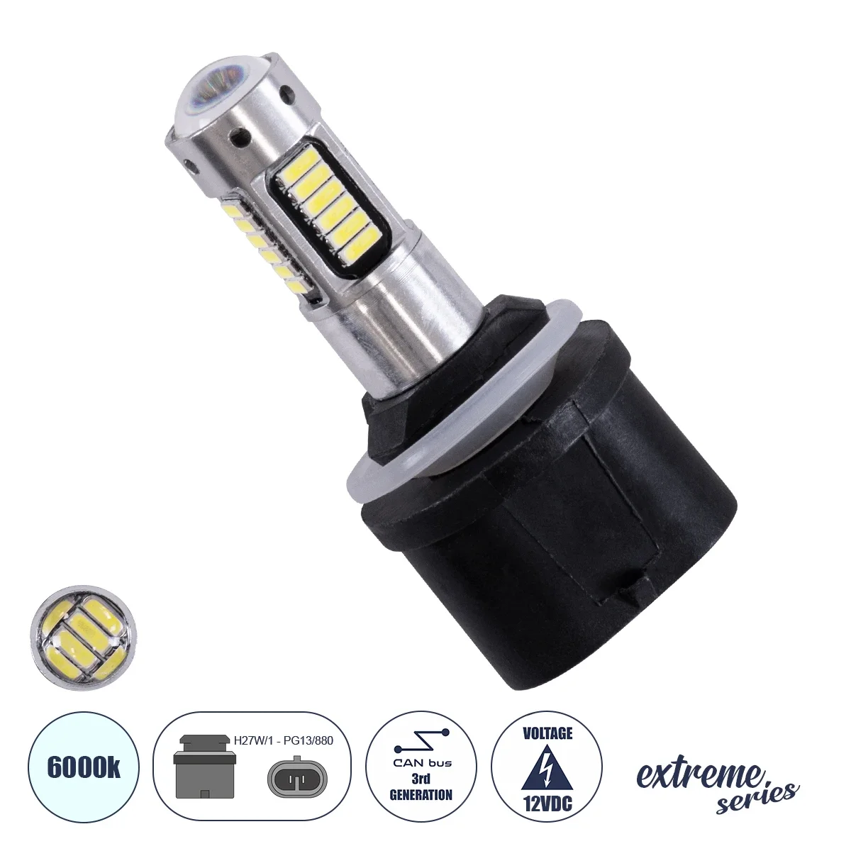 Φωτογραφία προϊόντος: GloboStar® 81455 Λάμπα Αυτοκίνητου H27W/1 - PG13/880 3rd Generation Can-Bus Extreme Series LED 30 SMD 4014 9W 1080lm 360° DC 12V IP20 Ψυχρό Λευκό 6000K
