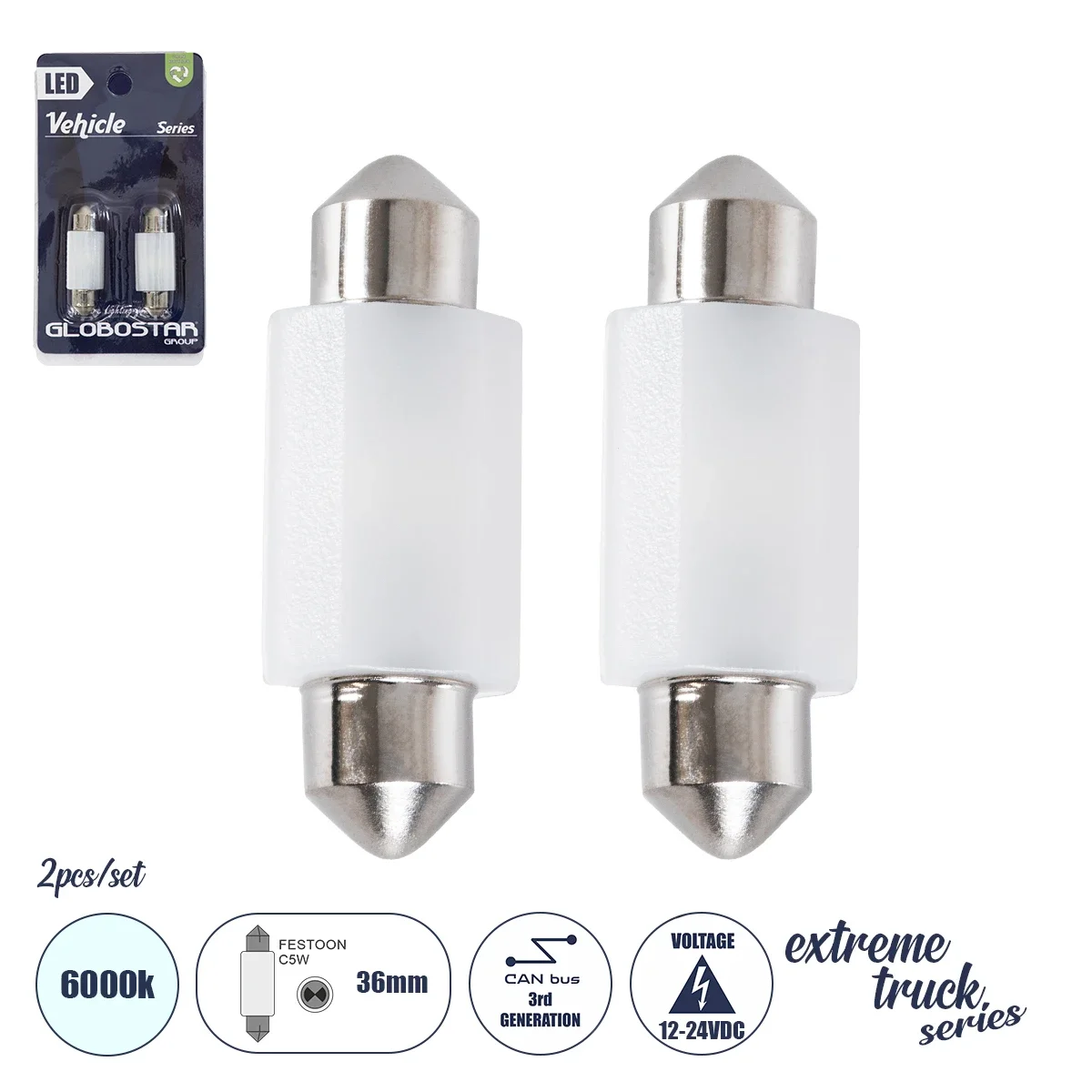 Φωτογραφία προϊόντος: GloboStar® 81333-B Λάμπες Αυτοκινήτου LED 36mm FESTOON - C5W 2xSMD3030 3W 450lm 120° DC 12-24V IP20 Μ3.6 x Π12.5 x Υ1cm Ψυχρό Λευκό 6000K - Σετ 2 Τεμαχίων σε Blister