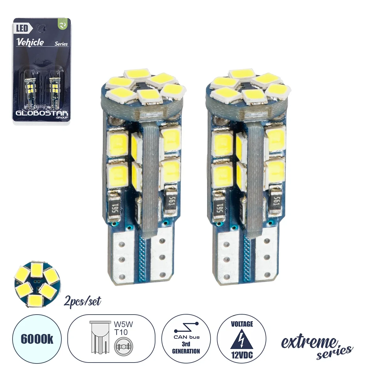 Φωτογραφία προϊόντος: GloboStar® 81103-B Λάμπες Αυτοκινήτου LED T10 - W5W 3rd Generation Can-Bus Extreme Series 22xSMD2835 4W 600lm 360° DC 12-16V IP20 Φ1.1 x Υ2.8cm Ψυχρό Λευκό 6000K - Σετ 2 Τεμαχίων σ