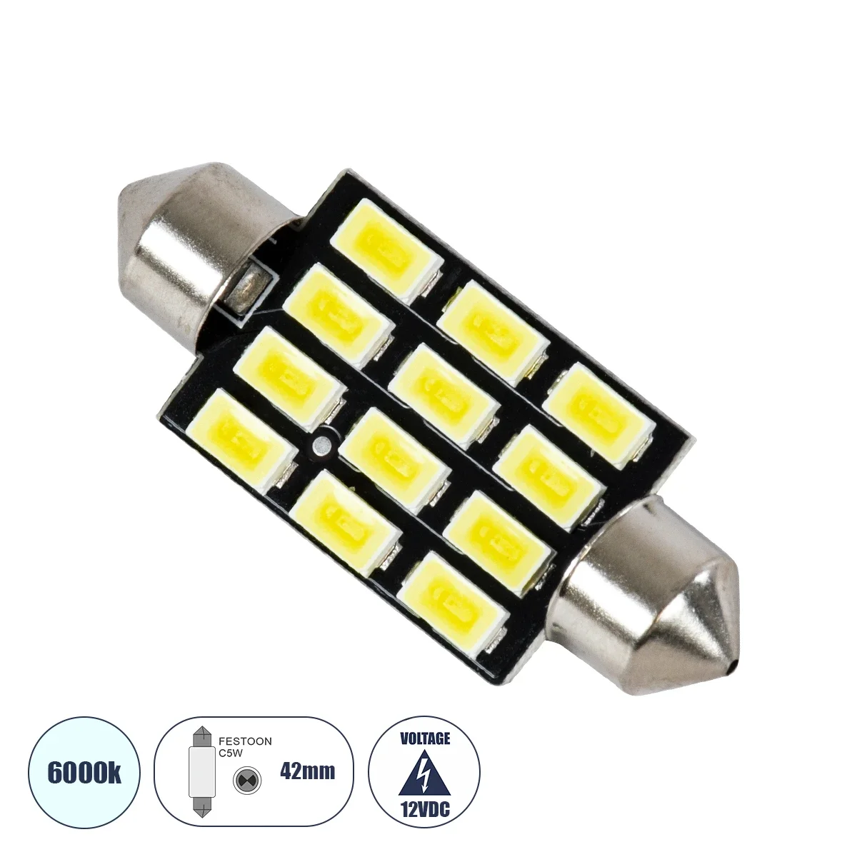 Φωτογραφία προϊόντος: GloboStar® 81308 Λάμπα Αυτοκινήτου LED 42mm FESTOON - C5W 12xSMD5630 6W 900lm 120° DC 12-16V IP20 Μ4.2 x Π1.2 x Υ1.2cm Ψυχρό Λευκό 6000K